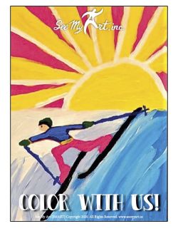 brightly colored cross-country skier image skiing down a blue and white slope with a bold bright yellow and red sunburst background with a text overlay that says "Color With Us"