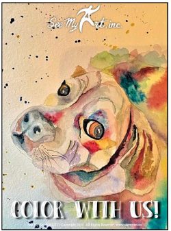 very colorful drawing of a dog's face with big eyes and a big nose on a colorful background with a text overlay that says "Color With Us"