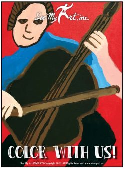 colorful primitive drawing of a smiling cello player with brown hair in a blue shirt with a text overlay that says "Color With Us"