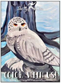 painted image of a large white snowy owl seated in front of a large tree trunk with a text overlay that says "Color With Us"