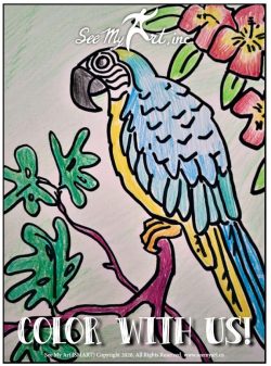 color pencil drawing of a blue, yellow and green toucan perched on a branch with red tropical flowers in the background with text overlay that says "Color With Us"