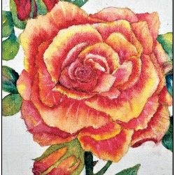 large painted image of a red and yellow rose with several other smaller red roses in the background with text overlay that says "Color With Us"