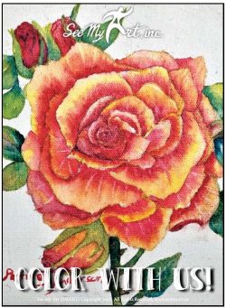 large painted image of a red and yellow rose with several other smaller red roses in the background with text overlay that says "Color With Us"