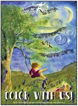 whimsical drawing of a young girl with long blowing hair on a tree swing with many musical notes flowing across the image and a crescent moon in the sky with text overlay that says "Color With Us"