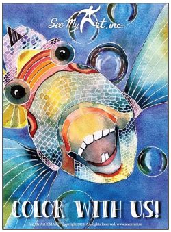 multi-colored stylistic tropical fish drawing with tooth filled mouth open and big eyes in a colorful aquatic background with a text overlay that says "Color With Us"