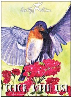 colorful drawing of a light purple and orange throat bird with its wings spread sitting on a red wildflower with yellow background including a text overlay that says "Color With Us"