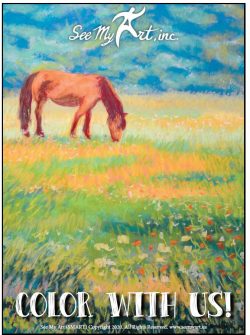 pastoral scene with a light brown horse grazing in a field of grass and wild flowers with blue sky with a text overlay that says "Color With Us"