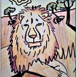 color pencil drawing of a male lion laying down in front of several trees with a blazing sun overhead with a text overlay that says "Color With Us"