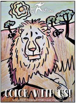 color pencil drawing of a male lion laying down in front of several trees with a blazing sun overhead with a text overlay that says "Color With Us"