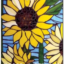 Yellow and blue sunflower stained glass mosaic with text overlay that says, "color with us".