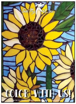 Yellow and blue sunflower stained glass mosaic with text overlay that says, "color with us".