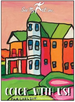 original painting of a colorful building with many windows and a three story tower with a text. overlay that says "Color With Us"