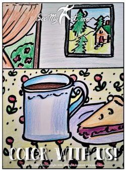 colorful still life drawing of a coffee cup, piece of cherry pie on a colorful tablecloth with flowers with a window scene and cabin with trees painting on the wall with a text overlay that says "Color With Us"