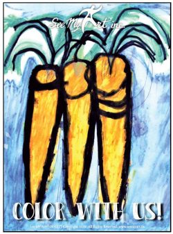 original painting of three carrots with green tops on a blue background with a text overlay that says "Color With Us"