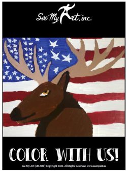 original painting of a buck deer in front of a red, white and blue American flag with a text overlay that says "Color With Us"