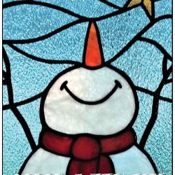 stained glass image of a snowman with red scarf and carrot nose with a text overlay that says "Color With Us"