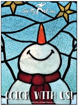 stained glass image of a snowman with red scarf and carrot nose with a text overlay that says "Color With Us"